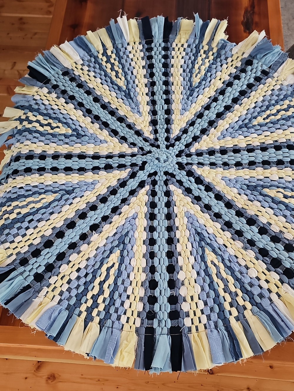 Handwoven Round Rag Door Mat in Light Blue, Pale Yellow & Navy - Unbranded